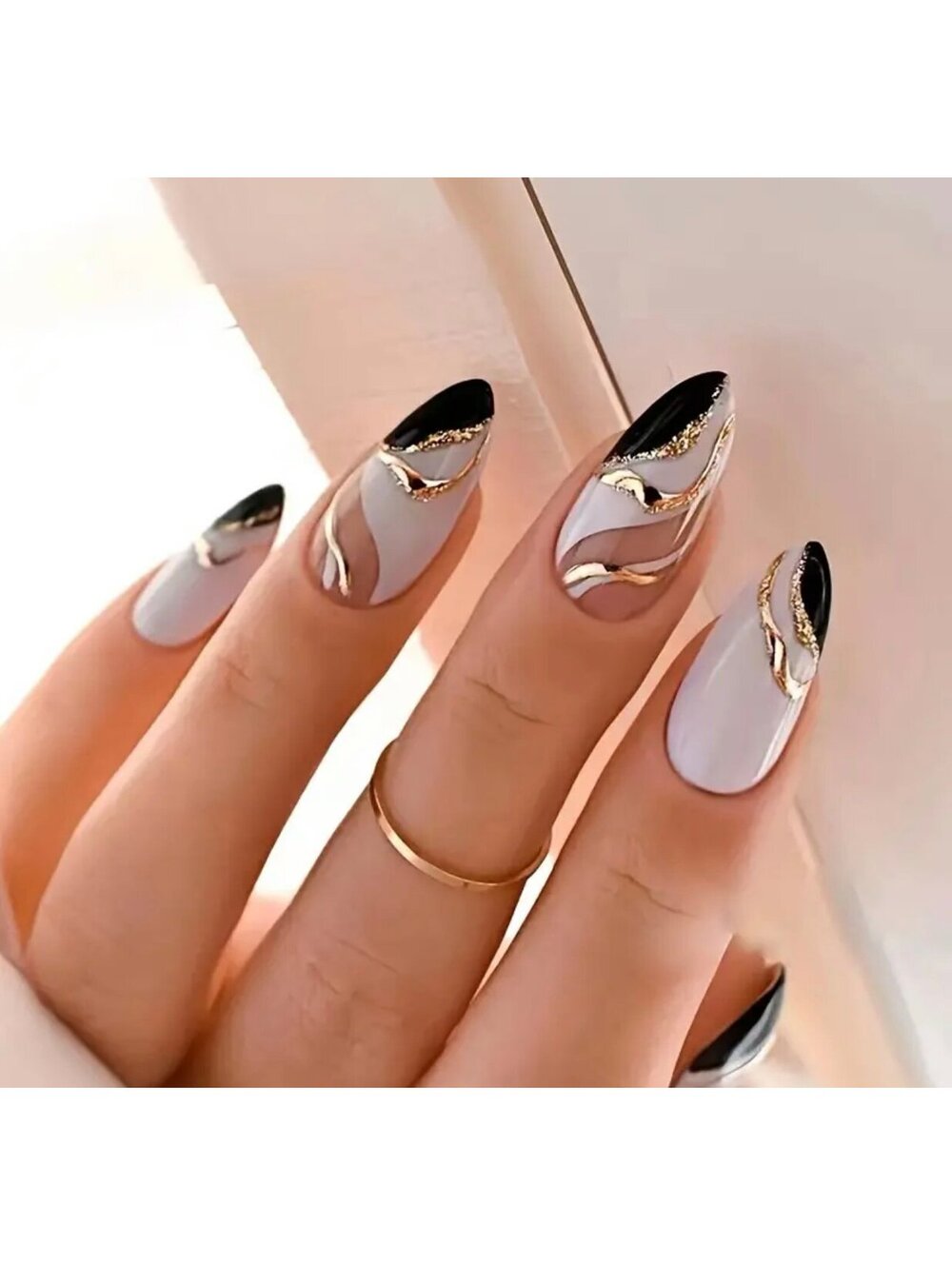 New -24pcs Black/White/Golden Swirl Almond Shaped Reusable Press-On-Nails